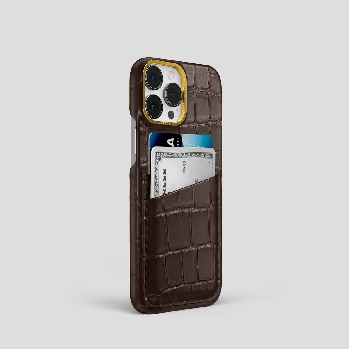 Dark Brown iPhone 13 Pro Card Case Alligator with Gold Metal -2 | Dark-Brown-Gold
