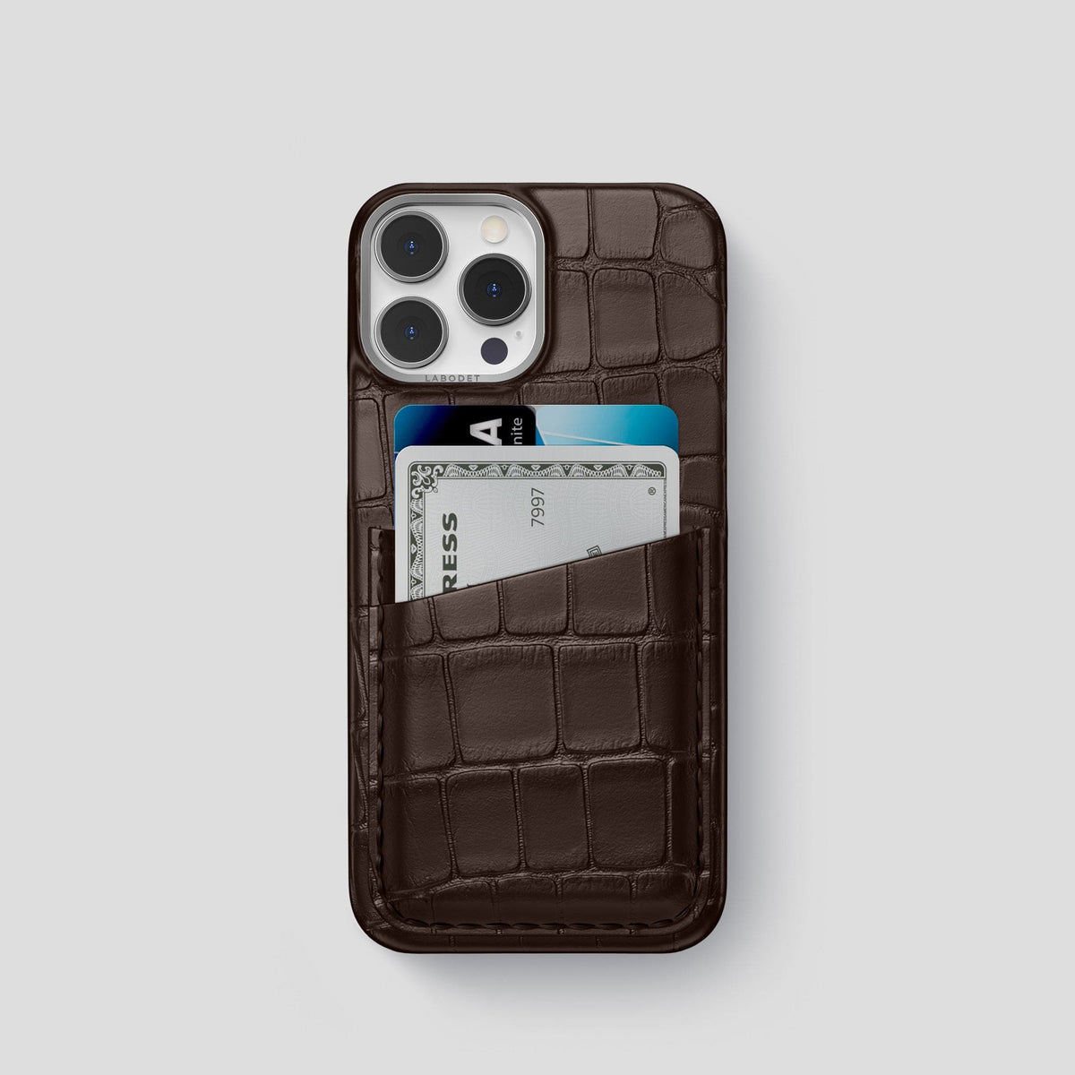 Dark Brown iPhone 13 Pro Card Case Alligator with Steel Metal -1 | Dark-Brown-Steel