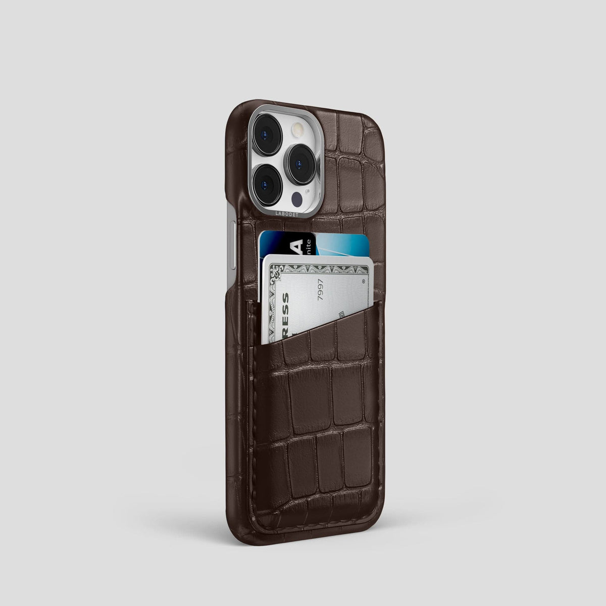 Dark Brown iPhone 13 Pro Card Case Alligator with Steel Metal -2 | Dark-Brown-Steel