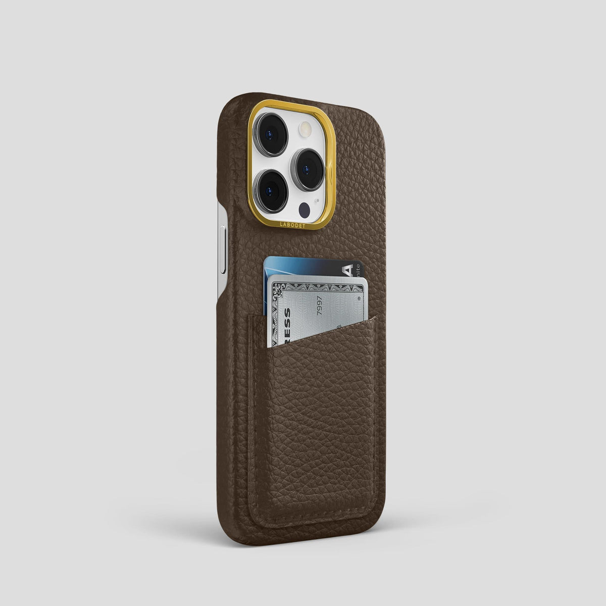 Dark Brown iPhone 13 Pro Card Case Calf with Gold Metal -2 | Dark-Brown-Gold