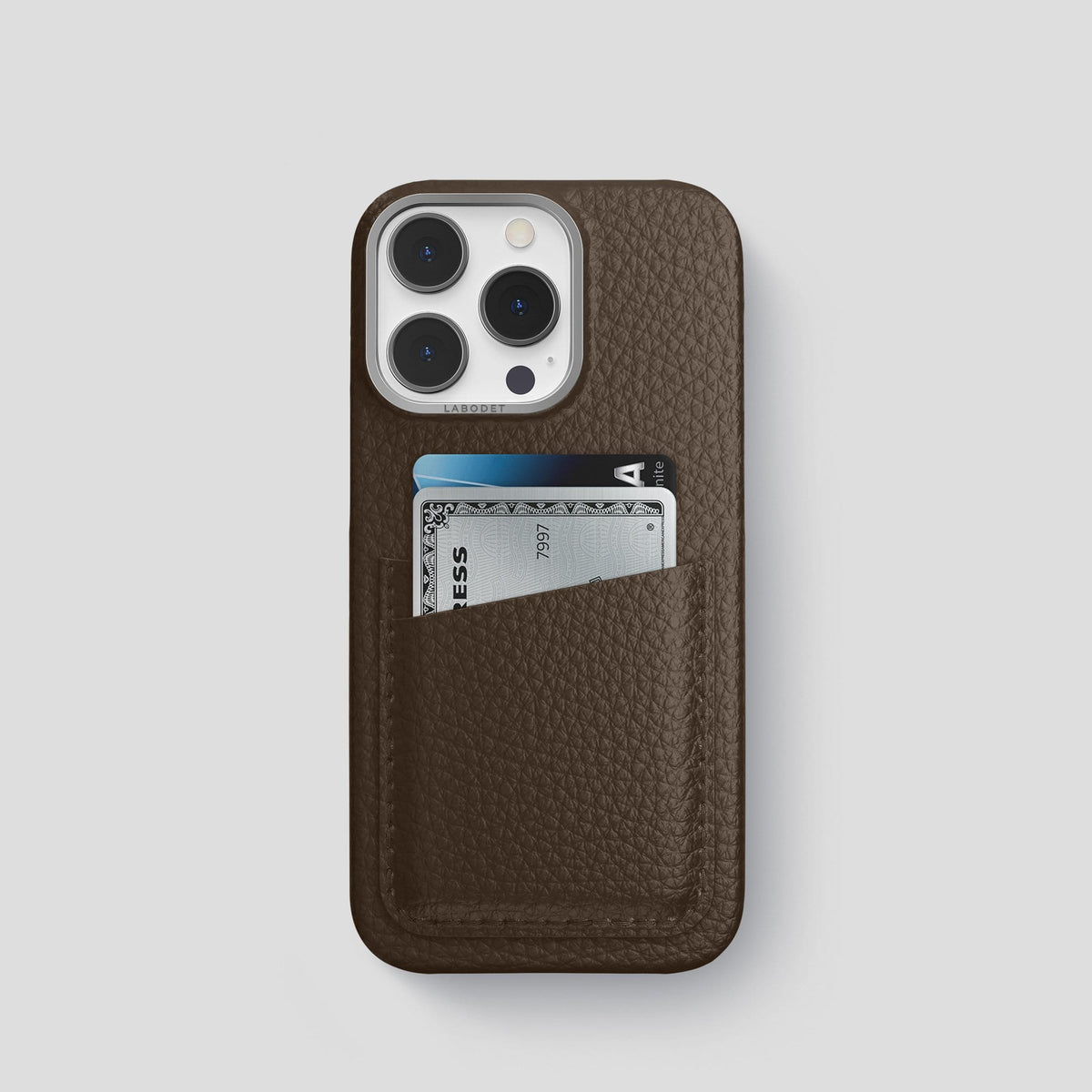 Dark Brown iPhone 13 Pro Card Case Calf with Steel Metal -1 | Dark-Brown-Steel