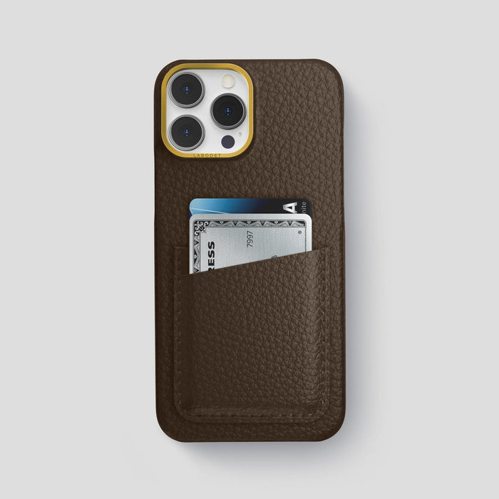 Dark Brown iPhone 13 Pro Max Card Case Calf with Gold Metal -1 | Dark-Brown-Gold