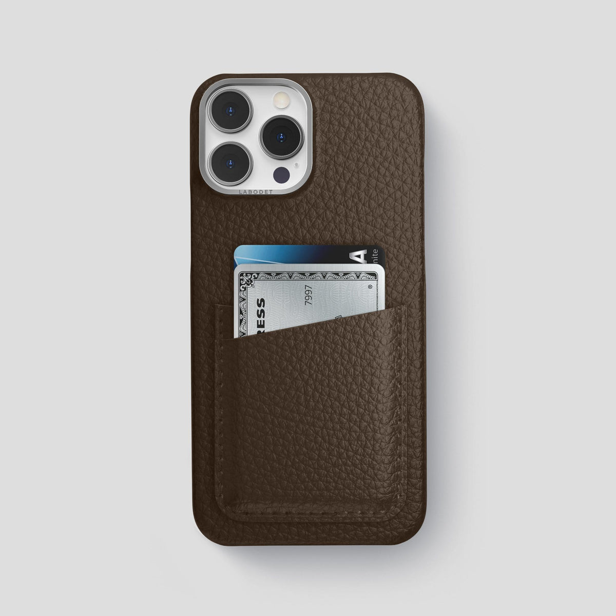 Dark Brown iPhone 13 Pro Max Card Case Calf with Steel Metal -1 | Dark-Brown-Steel