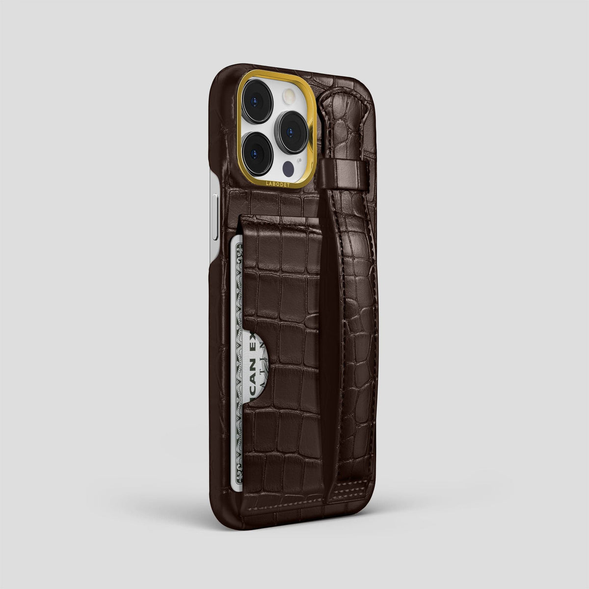 Dark Brown iPhone 13 Pro Max Cardholder Strap Case Alligator with Gold Metal -2 | Dark-Brown-Gold