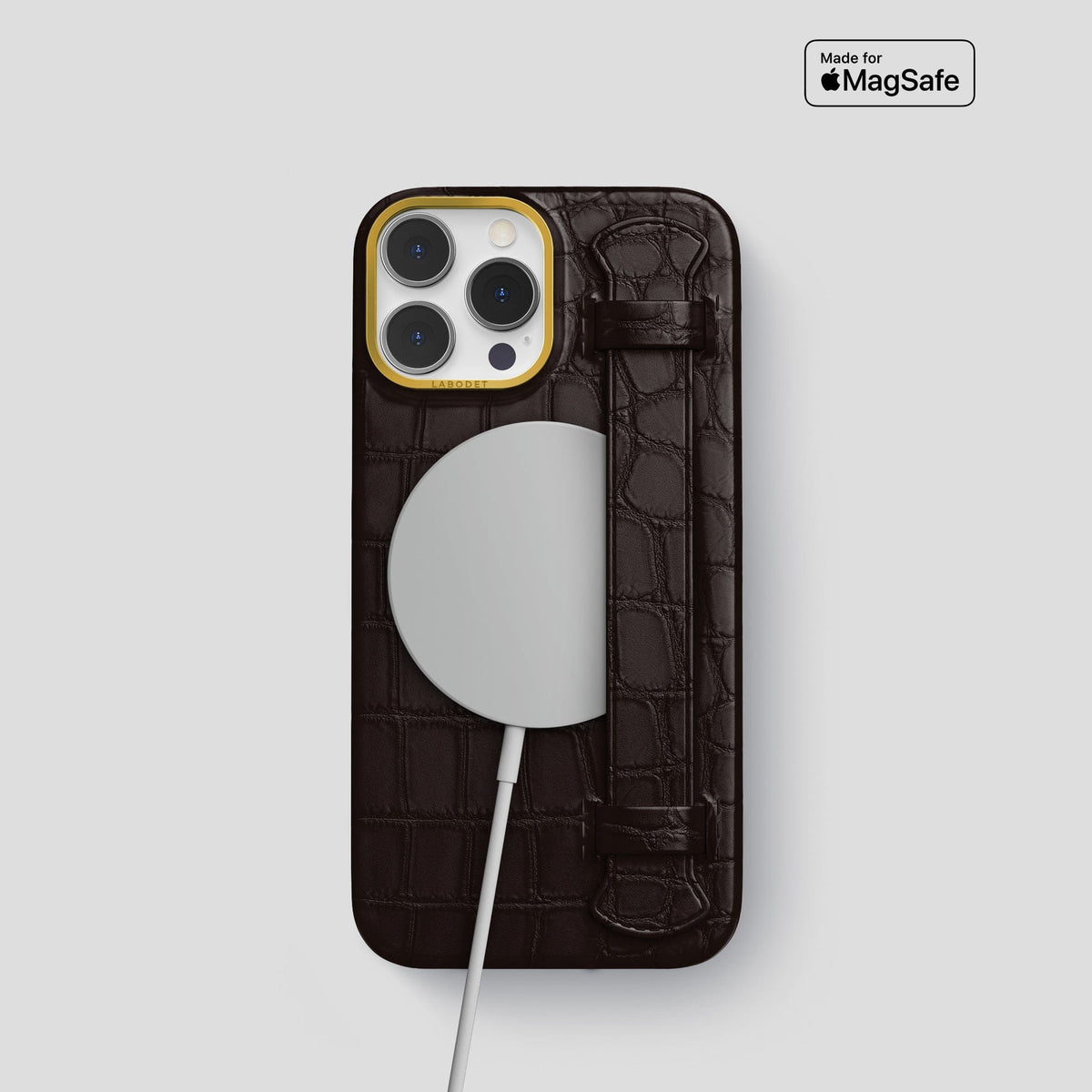 Dark Brown iPhone 13 Pro Strap Case Alligator with Gold Metal -4 | Dark-Brown-Gold