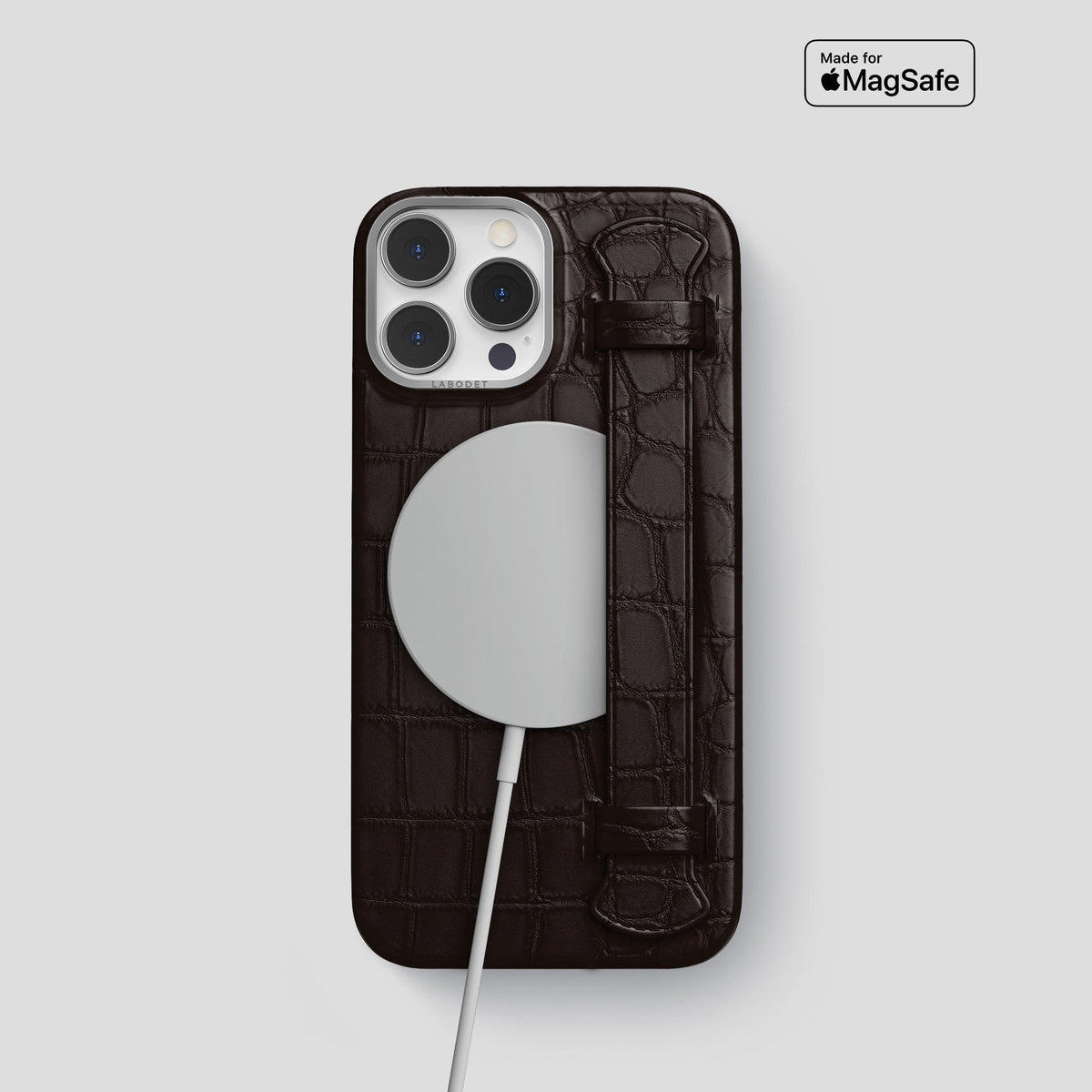 Dark Brown iPhone 13 Pro Strap Case Alligator with Steel Metal -4 | Dark-Brown-Steel