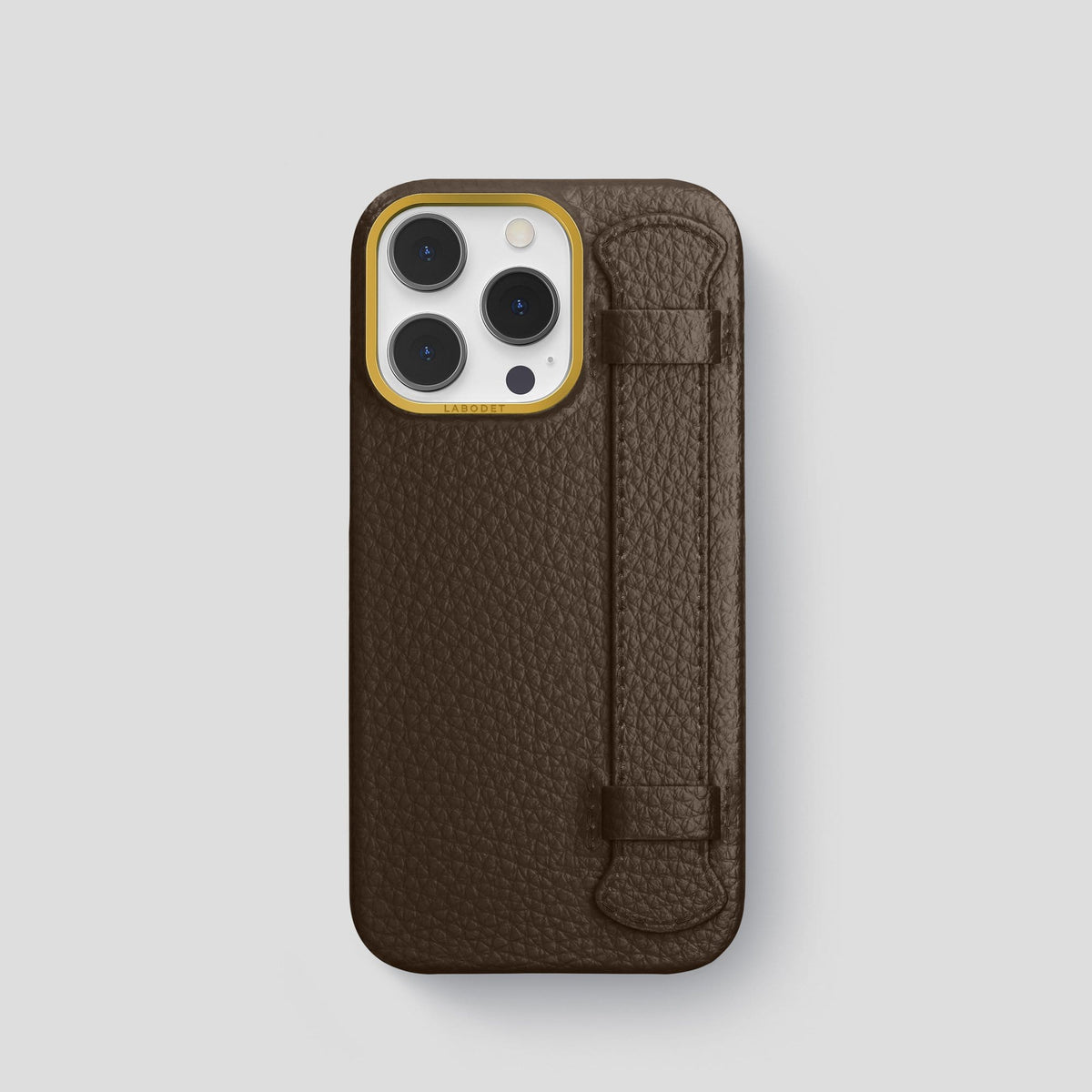 Dark Brown iPhone 13 Pro Strap Case Calf with Gold Metal -1 | Dark-Brown-Gold