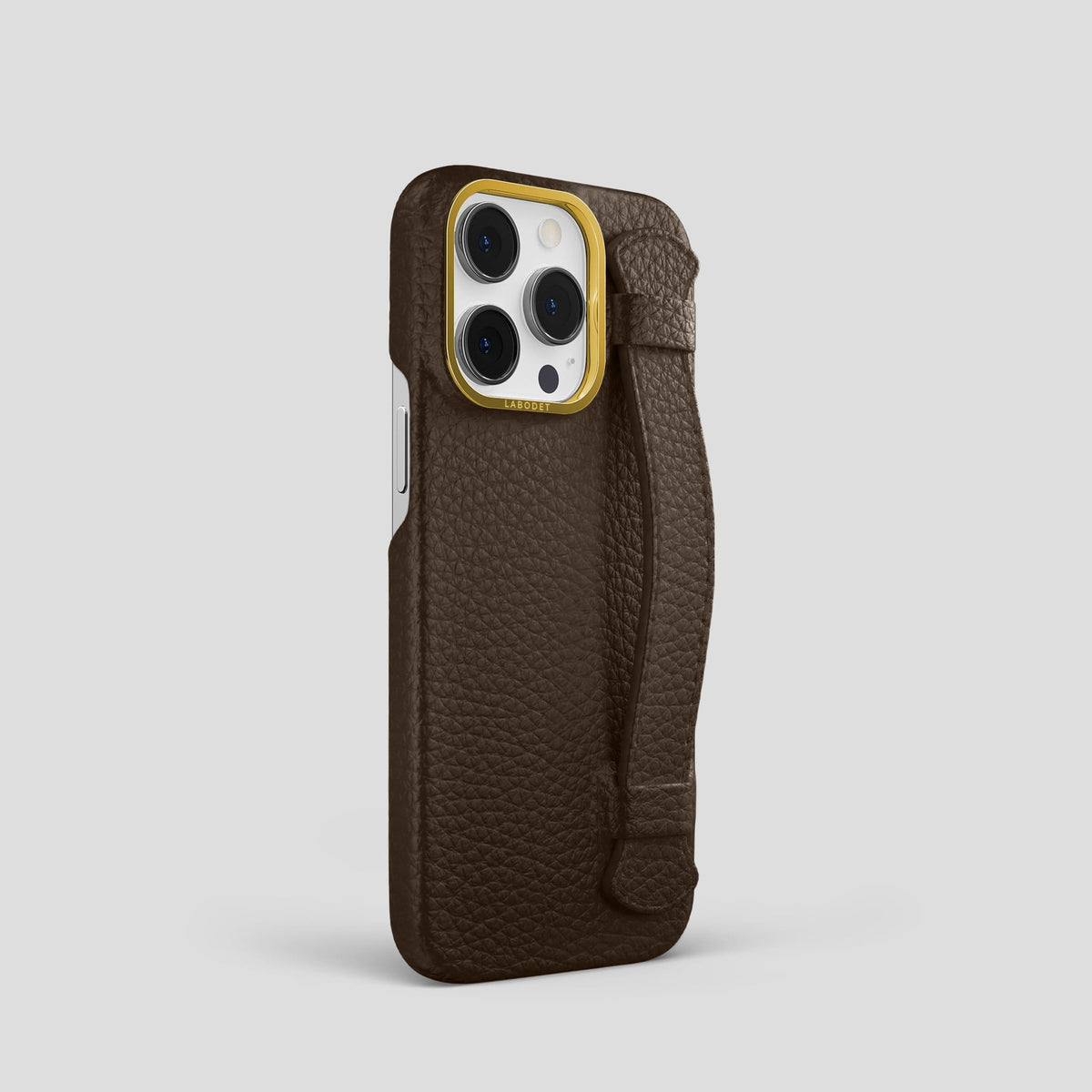 Dark Brown iPhone 13 Pro Strap Case Calf with Gold Metal -2 | Dark-Brown-Gold