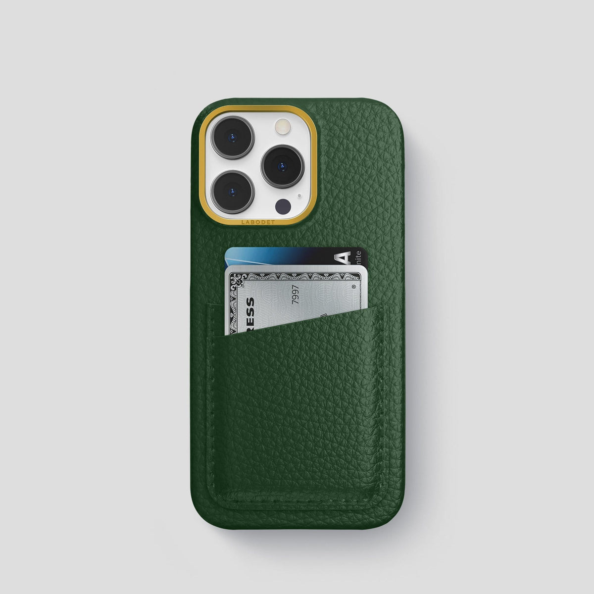 Dark Green iPhone 13 Pro Card Case Calf with Gold Metal -1 | Dark-Green-Gold