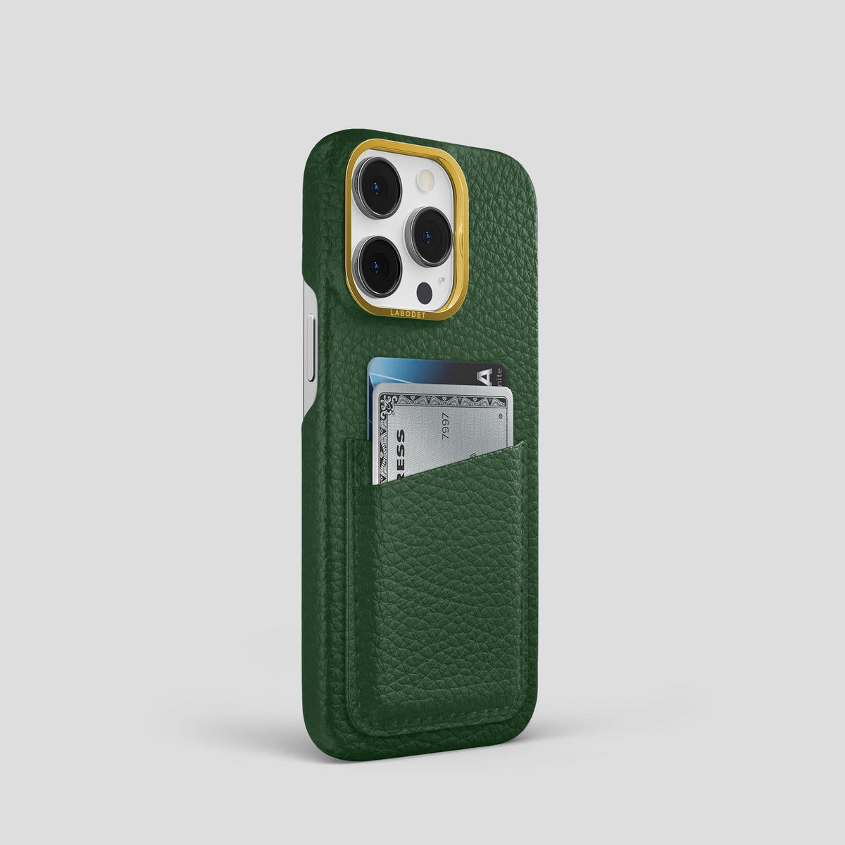 Dark Green iPhone 13 Pro Card Case Calf with Gold Metal -2 | Dark-Green-Gold