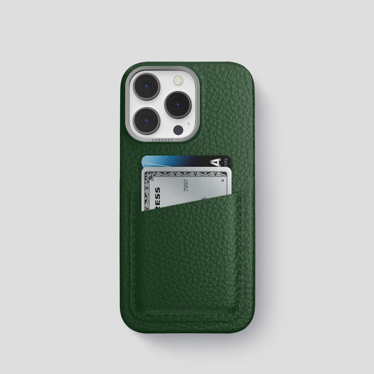 Dark Green iPhone 13 Pro Card Case Calf with Steel Metal -1 | Dark-Green-Steel