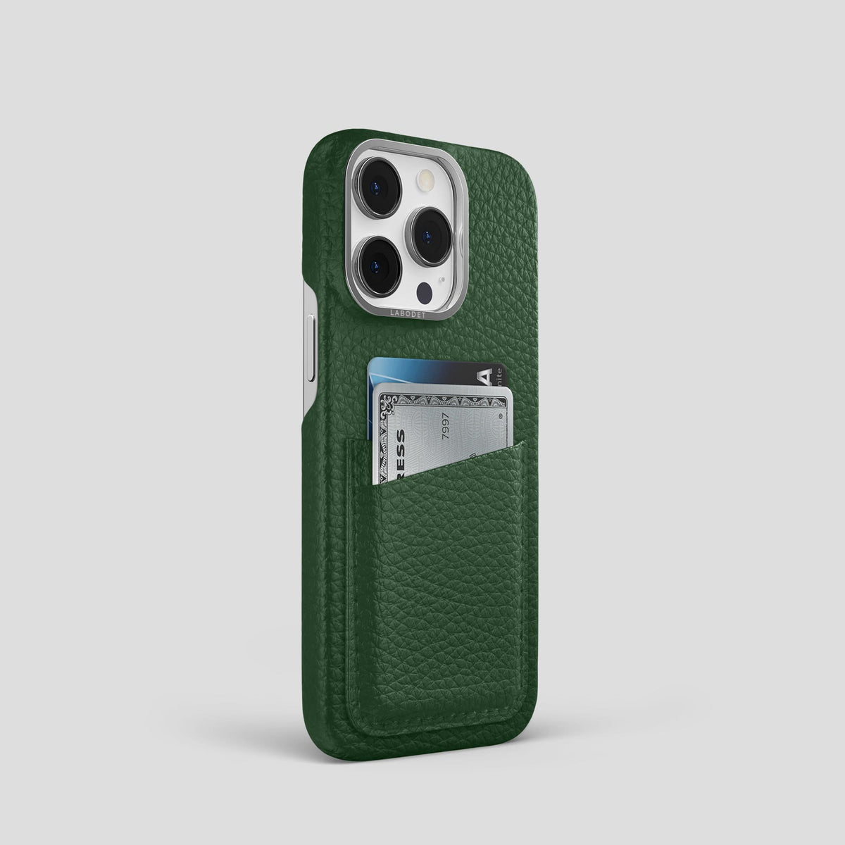 Dark Green iPhone 13 Pro Card Case Calf with Steel Metal -2 | Dark-Green-Steel