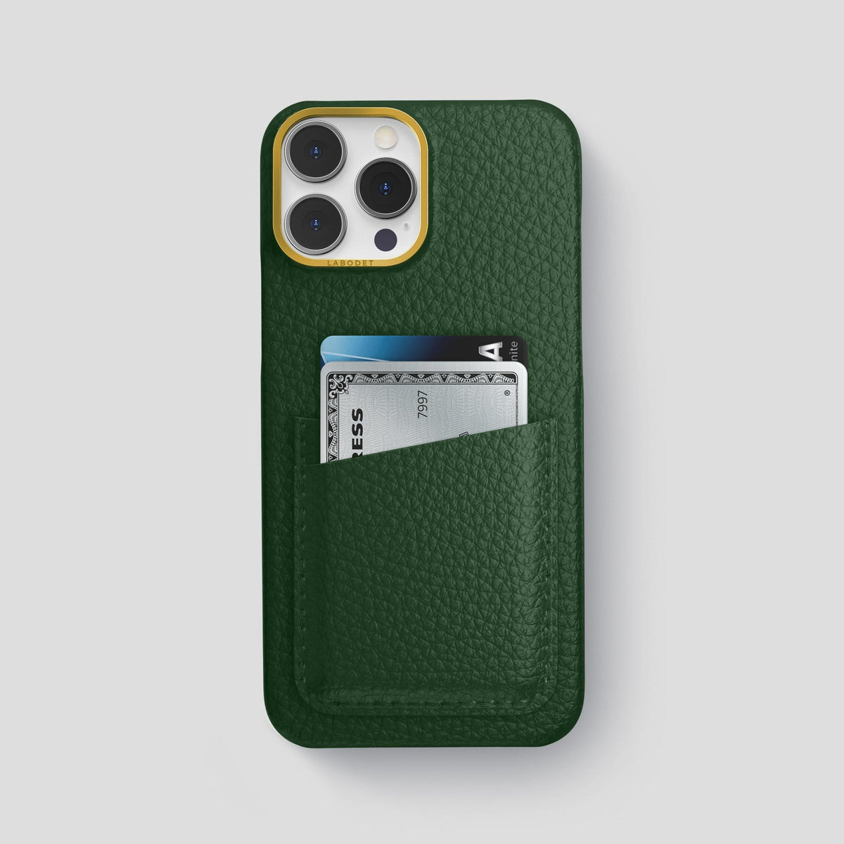 Dark Green iPhone 13 Pro Max Card Case Calf with Gold Metal -1 | Dark-Green-Gold