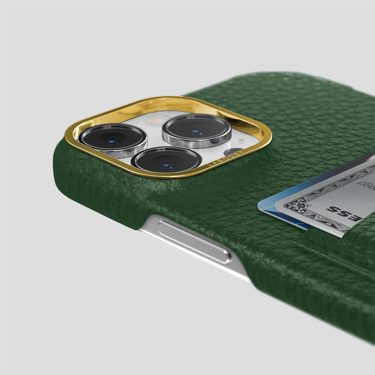 Dark Green iPhone 13 Pro Max Card Case Calf with Gold Metal -5 | Dark-Green-Gold