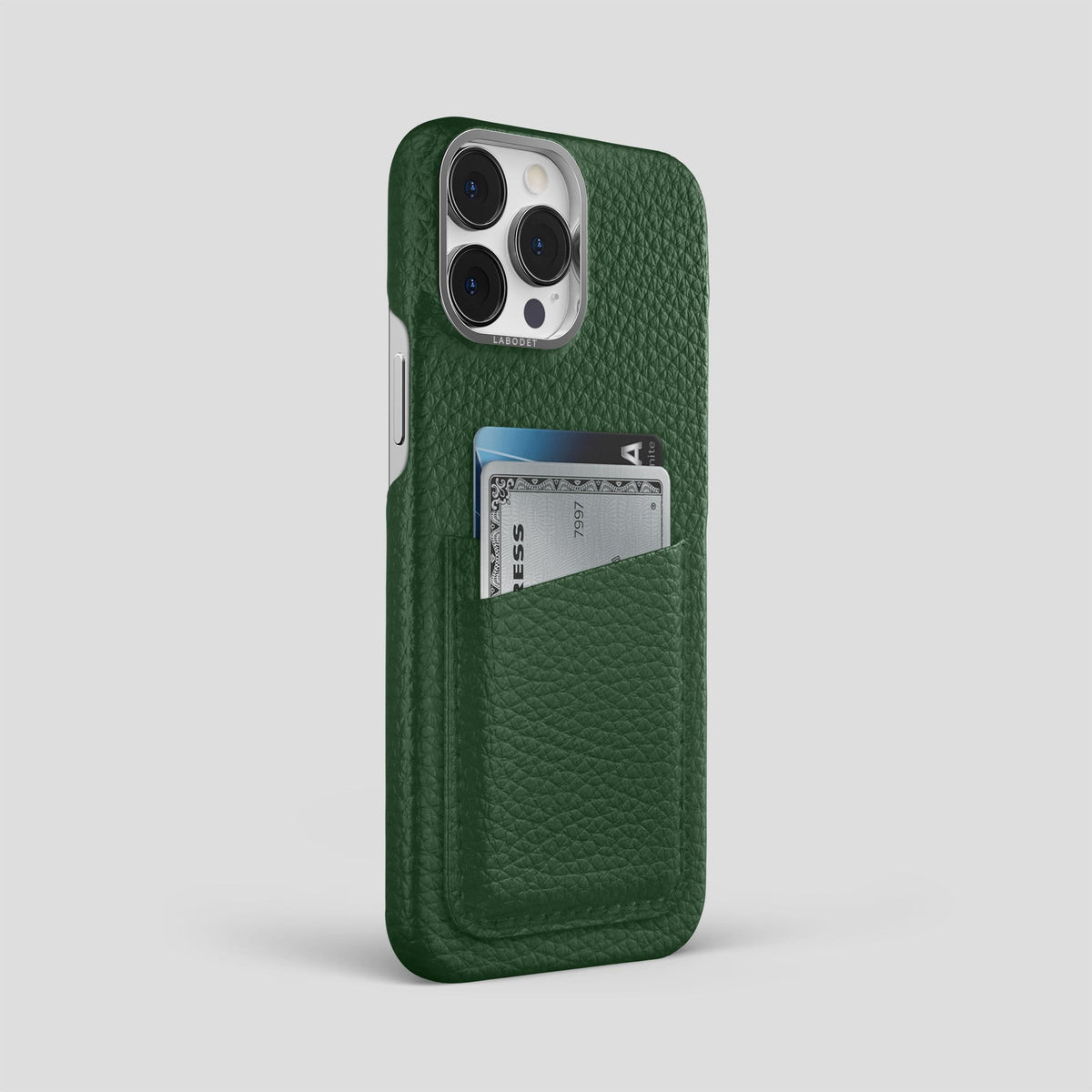 Dark Green iPhone 13 Pro Max Card Case Calf with Steel Metal -2 | Dark-Green-Steel