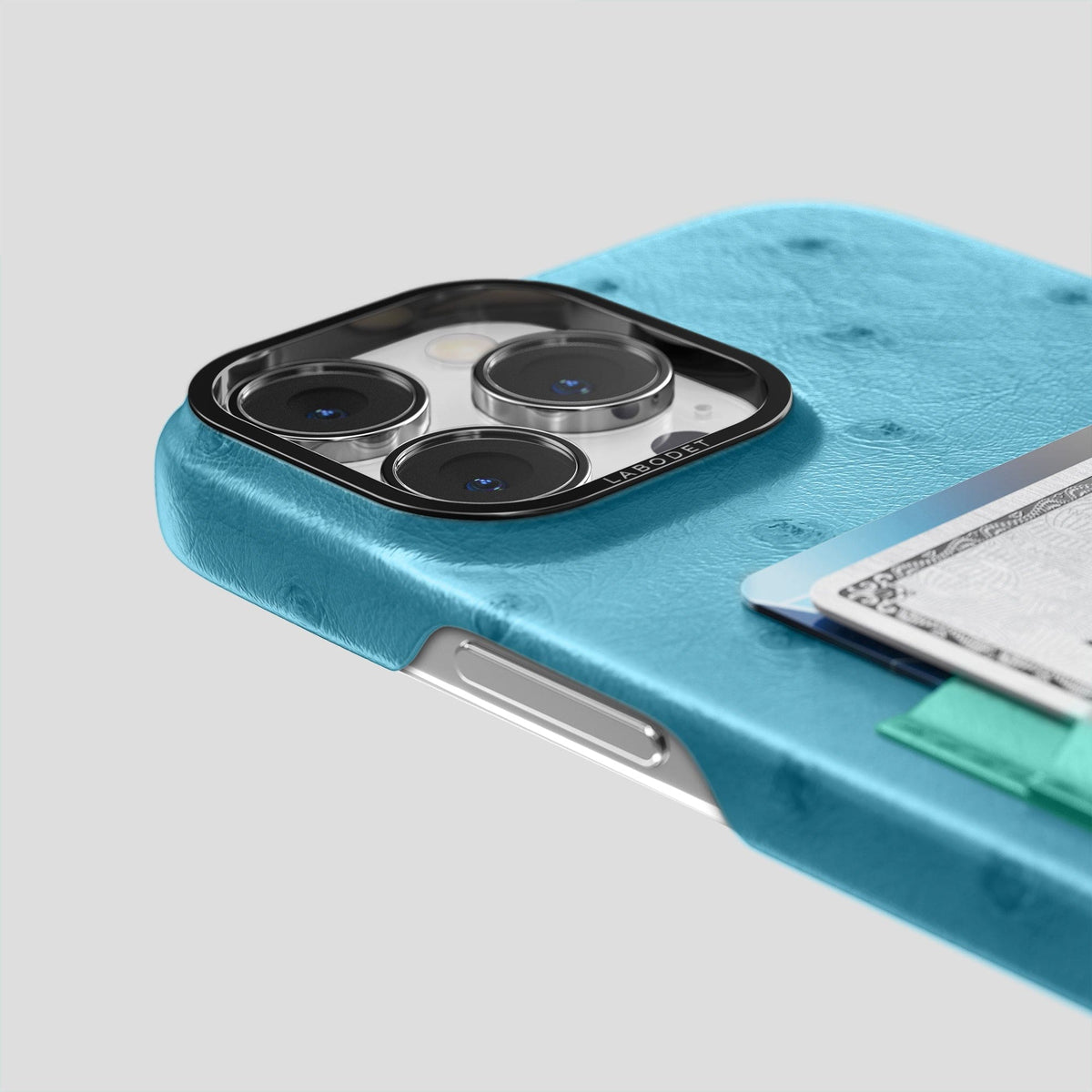 Blue-Jeans-Green iPhone 13 Pro Card Case Colore Ostrich with Black Metal -5 | Blue-Jeans-Green-Black