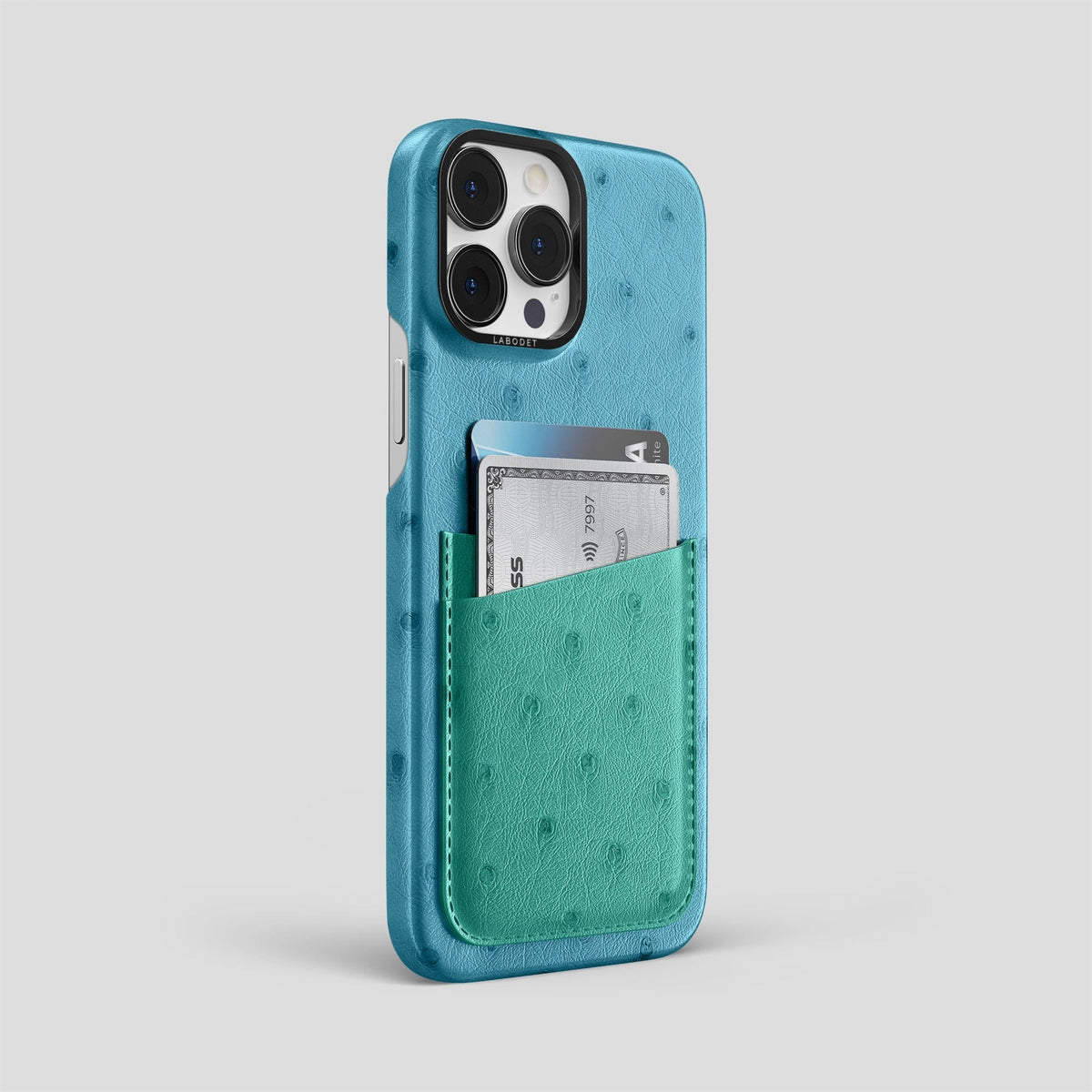 Blue-Jeans-Green iPhone 13 Pro Card Case Colore Ostrich with Black Metal -2 | Blue-Jeans-Green-Black