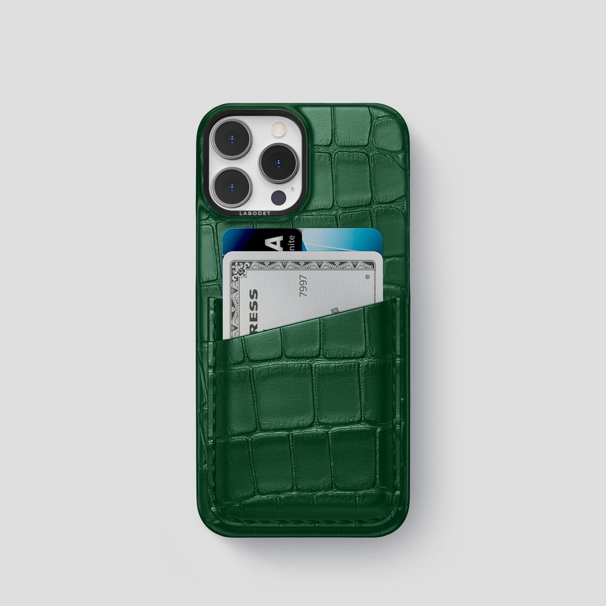 Forest-Green iPhone 13 Pro Card Case Alligator with Black Metal -1 | Forest-Green-Black