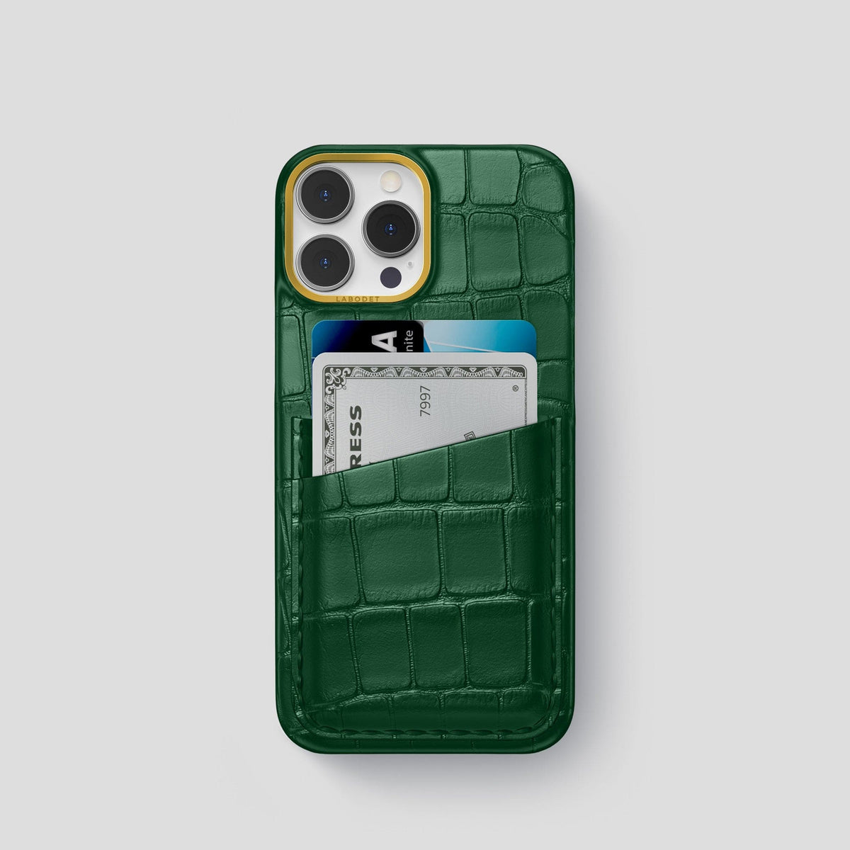 Forest-Green iPhone 13 Pro Card Case Alligator with Gold Metal -1 | Forest-Green-Gold