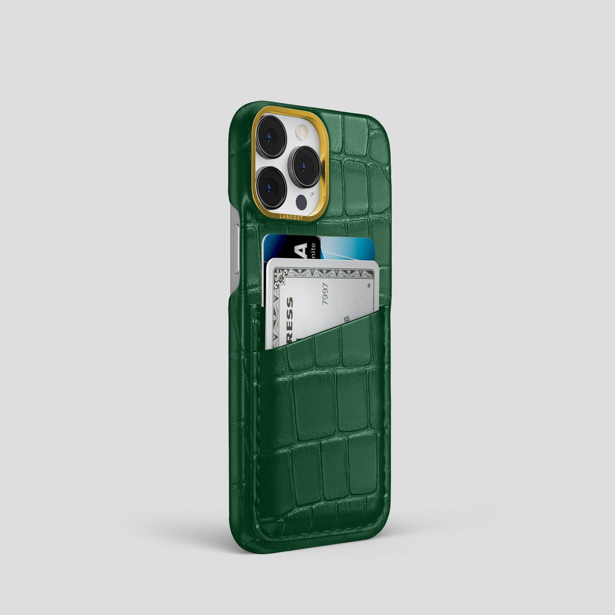 Forest-Green iPhone 13 Pro Card Case Alligator with Gold Metal -2 | Forest-Green-Gold