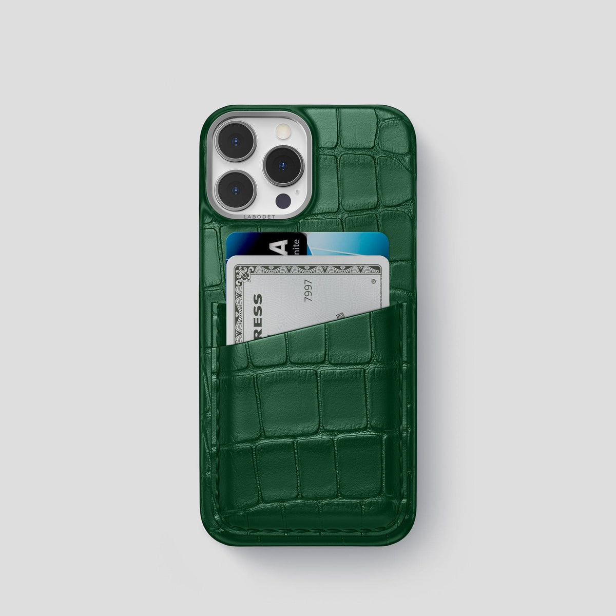 Forest-Green iPhone 13 Pro Card Case Alligator with Steel Metal -1 | Forest-Green-Steel