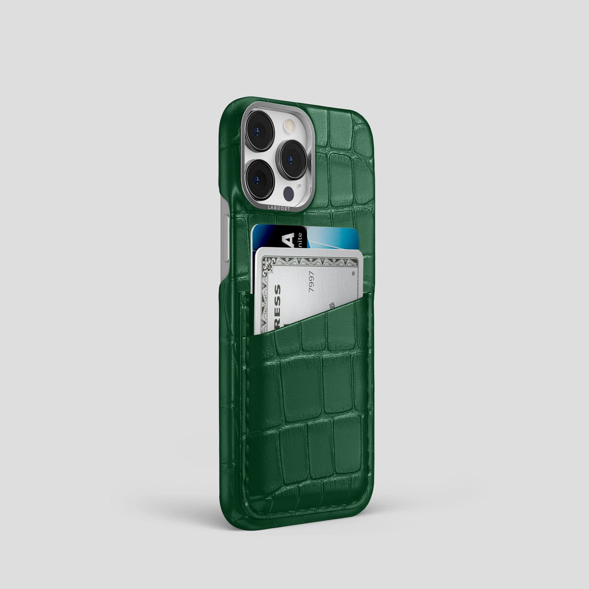 Forest-Green iPhone 13 Pro Card Case Alligator with Steel Metal -2 | Forest-Green-Steel