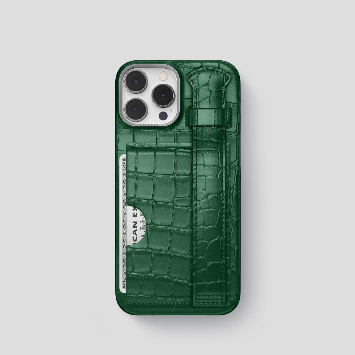 Forest-Green iPhone 13 Pro Cardholder Strap Case Alligator with Steel Metal -1 | Forest-Green-Steel