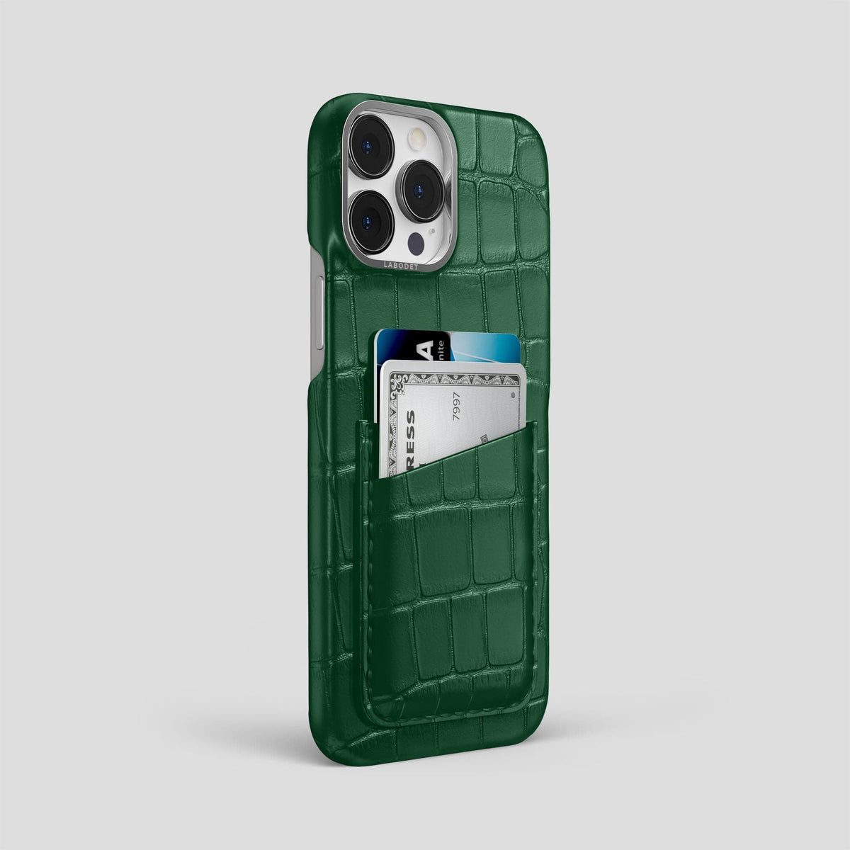 Forest-Green iPhone 13 Pro Max Card Case Alligator with Steel Metal -2 | Forest-Green-Steel