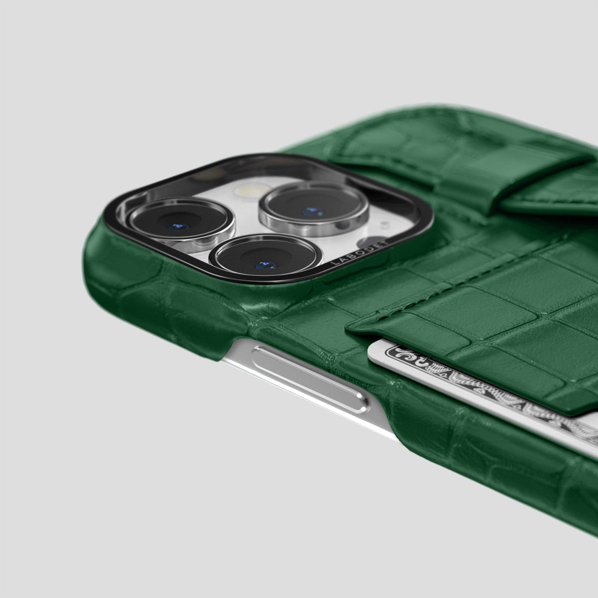 Forest-Green iPhone 13 Pro Max Cardholder Strap Case Alligator with Black Metal -5 | Forest-Green-Black