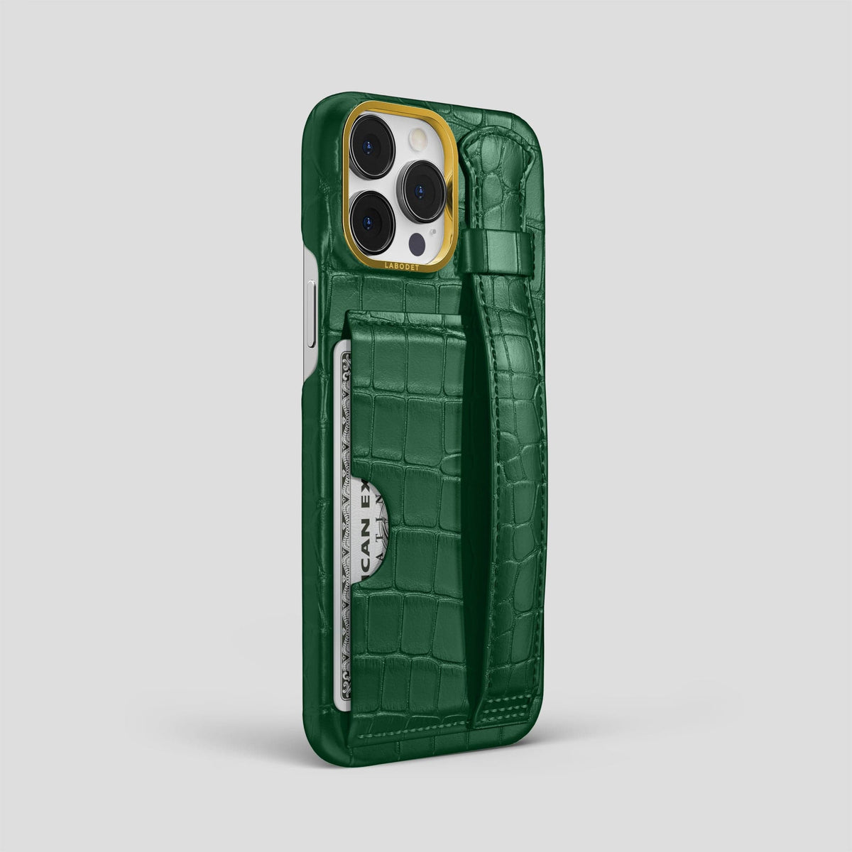 Forest-Green iPhone 13 Pro Max Cardholder Strap Case Alligator with Gold Metal -2 | Forest-Green-Gold