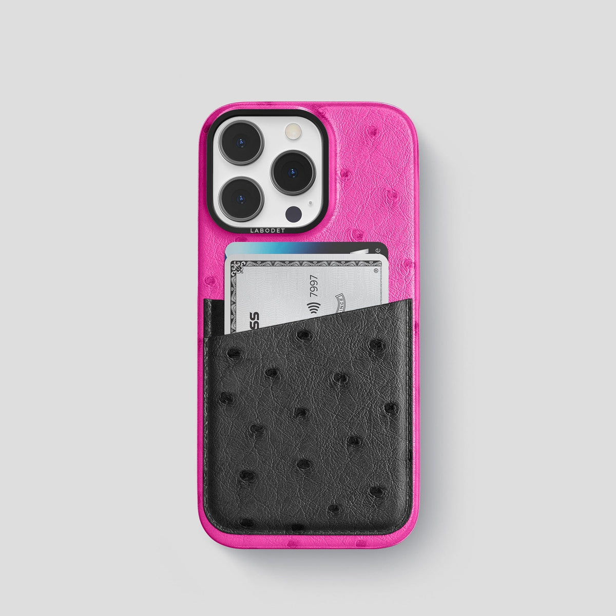 Fuchsia-Black iPhone 13 Pro Card Case Colore Ostrich with Black Metal -1 | Fuchsia-Black-Black