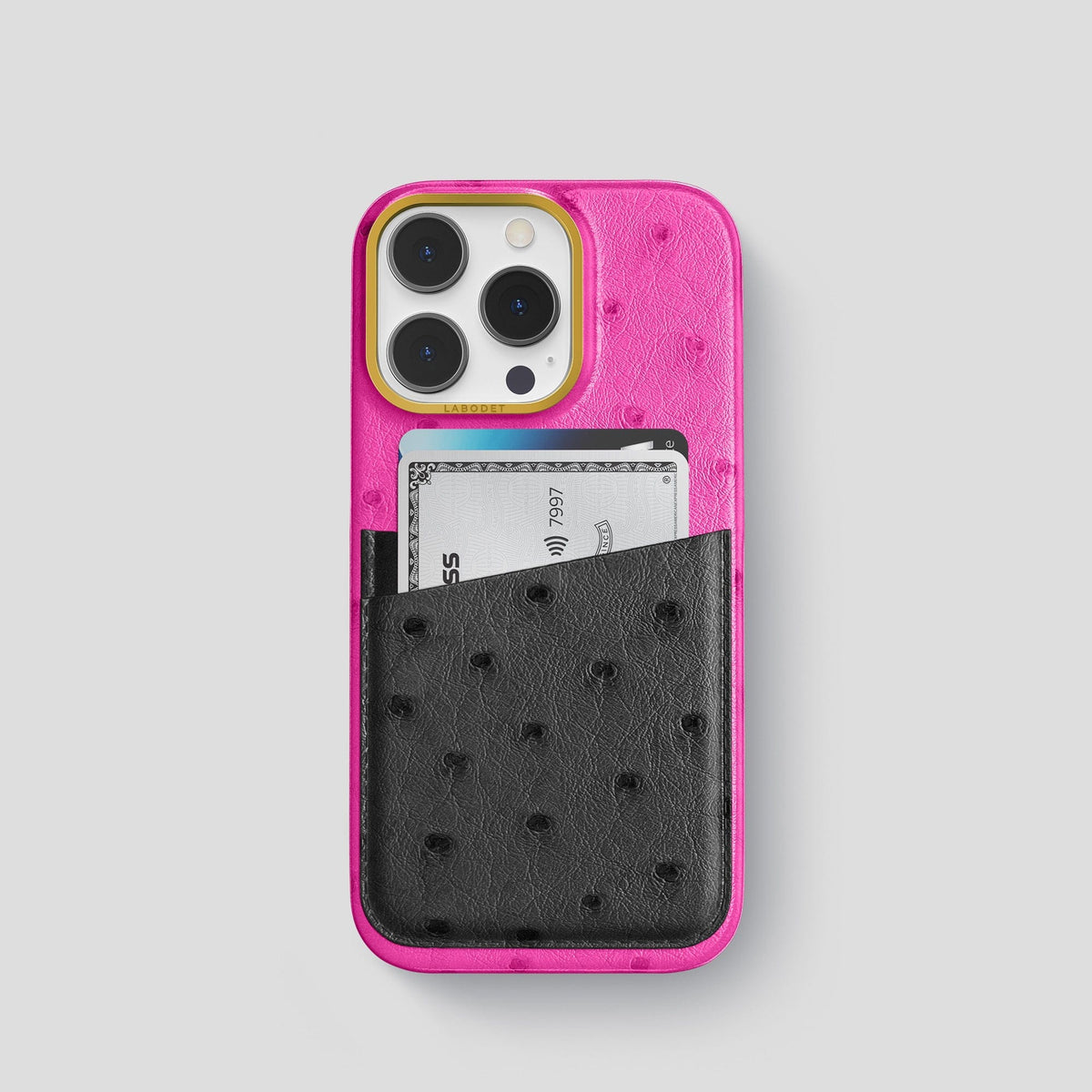 Fuchsia-Black iPhone 13 Pro Card Case Colore Ostrich with Gold Metal -1 | Fuchsia-Black-Gold