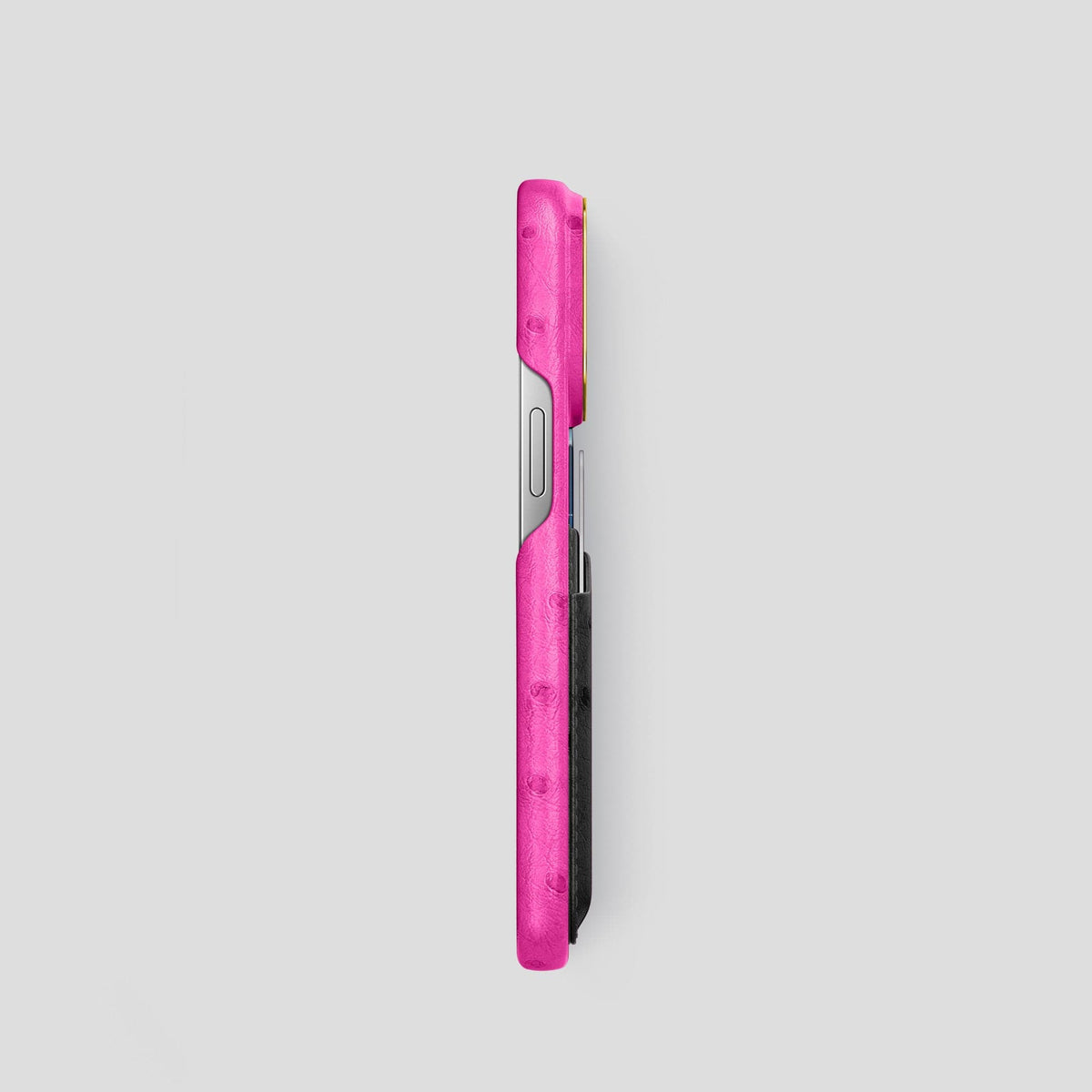 Fuchsia-Black iPhone 13 Pro Card Case Colore Ostrich with Gold Metal -3 | Fuchsia-Black-Gold