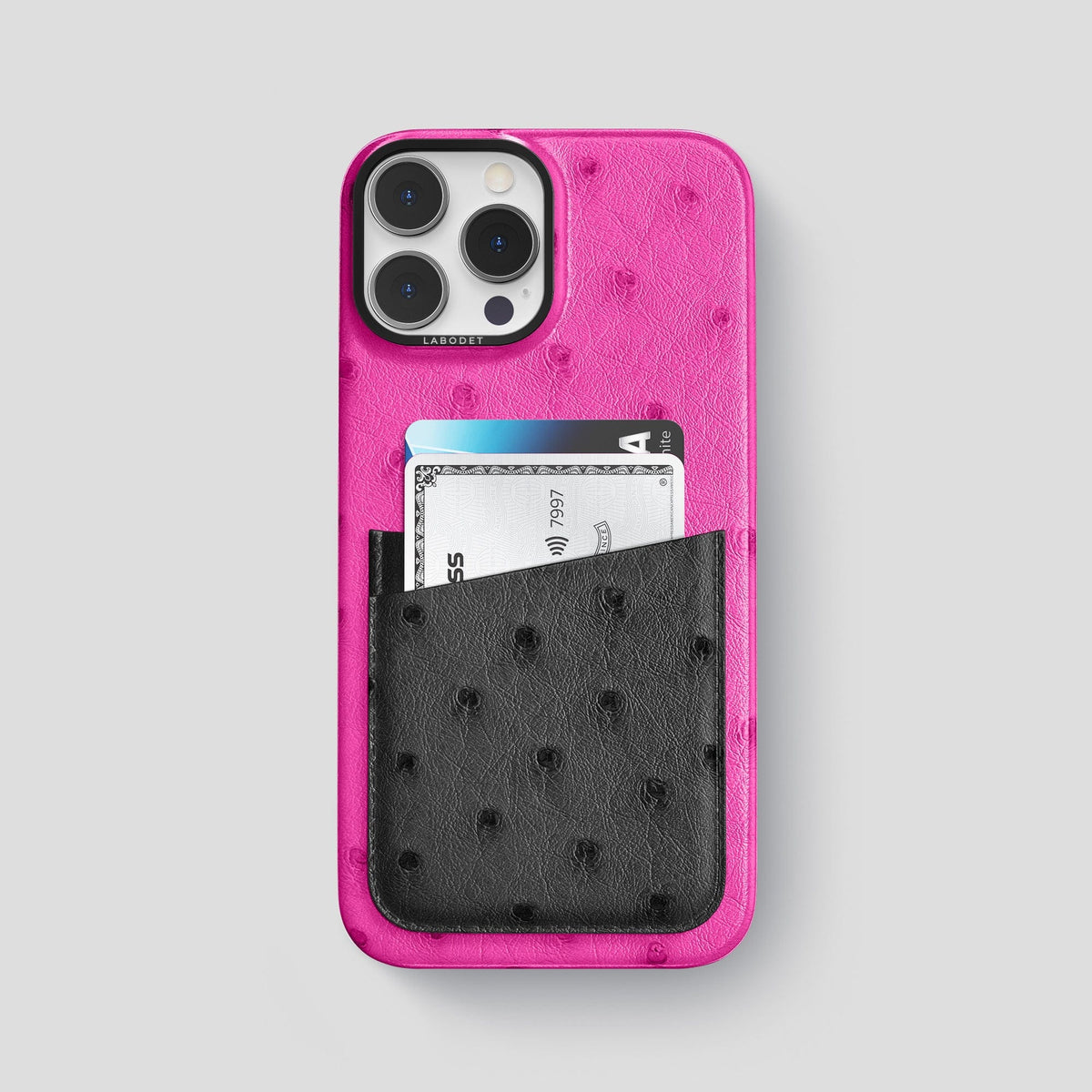 Fuchsia-Black iPhone 13 Pro Card Case Colore Ostrich with Black Metal -1 | Fuchsia-Black-Black
