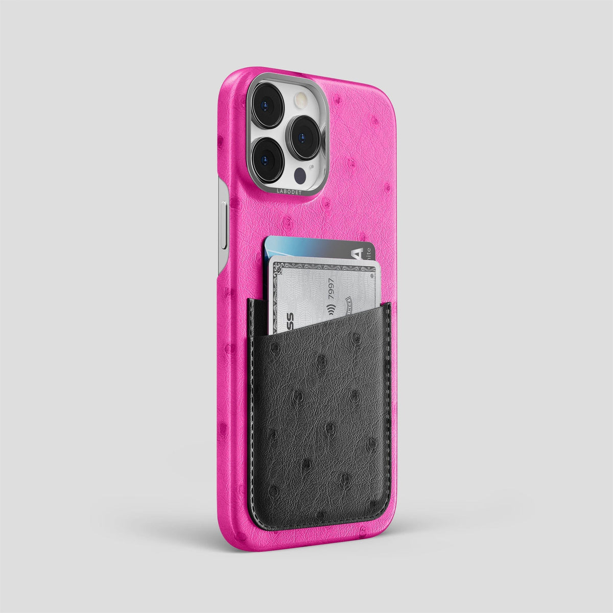 Fuchsia-Black iPhone 13 Pro Card Case Colore Ostrich with Black Metal -2 | Fuchsia-Black-Steel