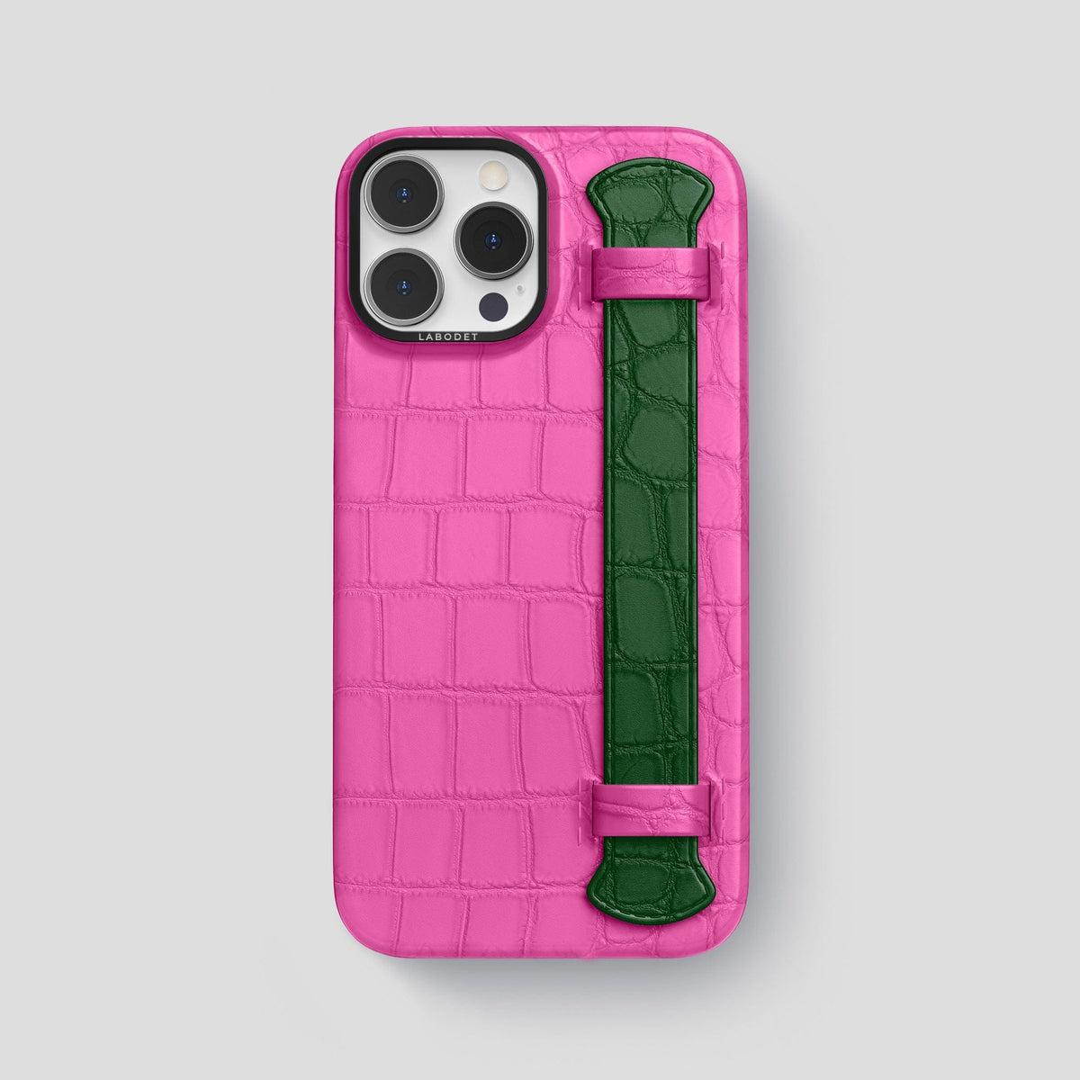 Fuchsia-Green iPhone 13 Pro Max Strap Case Alligator with Black Metal -1 | Fuchsia-Green-Black