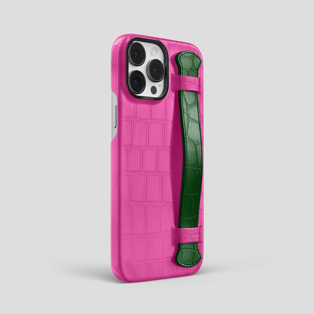 Fuchsia-Green iPhone 13 Pro Max Strap Case Alligator with Black Metal -2 | Fuchsia-Green-Black