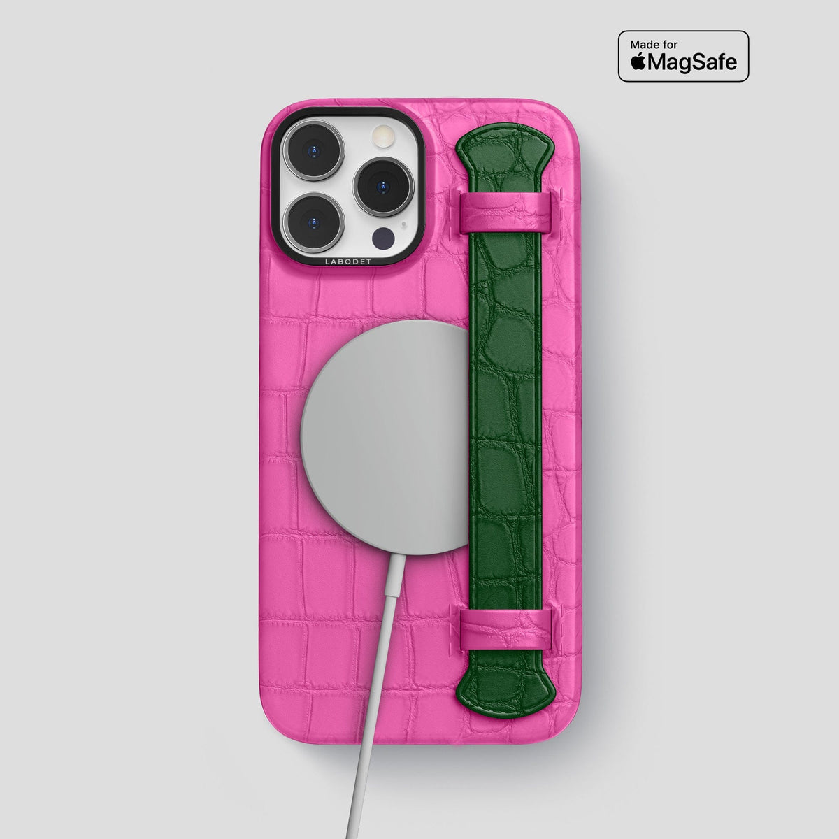 Fuchsia-Green iPhone 13 Pro Max Strap Case Alligator with Black Metal -4 | Fuchsia-Green-Black
