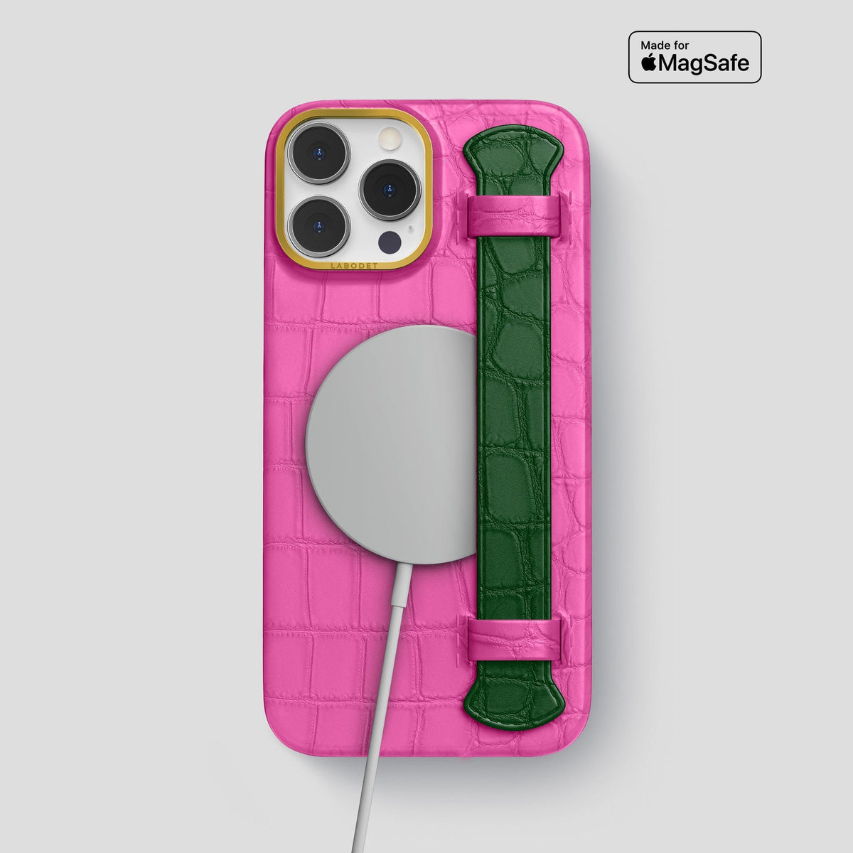 Fuchsia-Green iPhone 13 Pro Max Strap Case Alligator with Gold Metal -4 | Fuchsia-Green-Gold