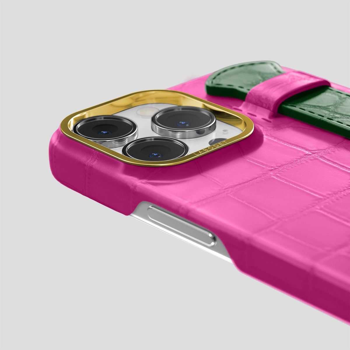 Fuchsia-Green iPhone 13 Pro Max Strap Case Alligator with Gold Metal -5 | Fuchsia-Green-Gold