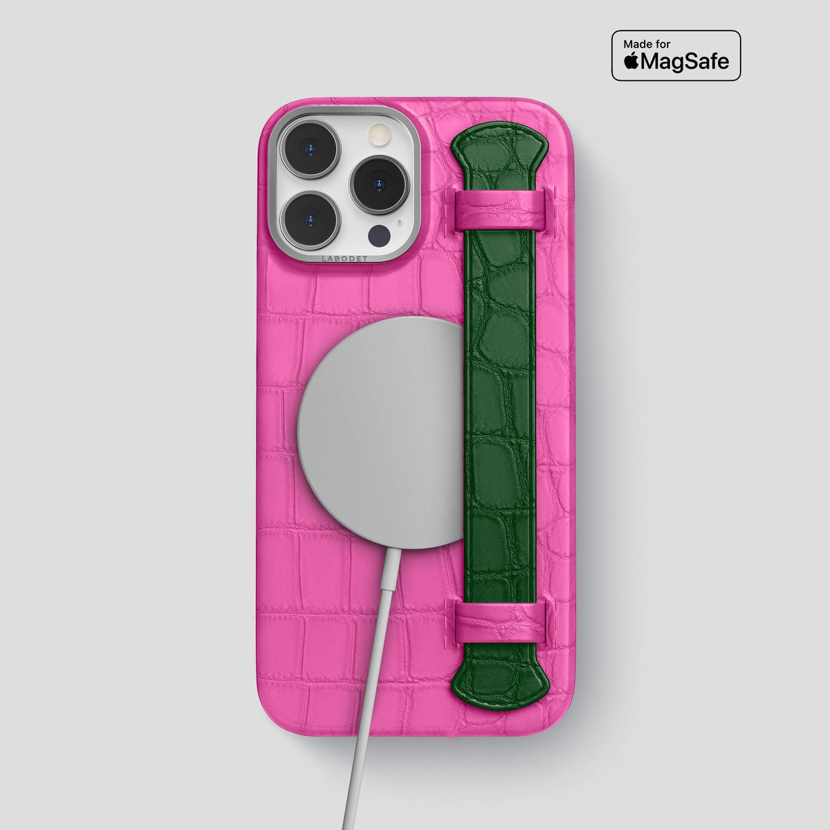 Fuchsia-Green iPhone 13 Pro Max Strap Case Alligator with Steel Metal -4 | Fuchsia-Green-Steel