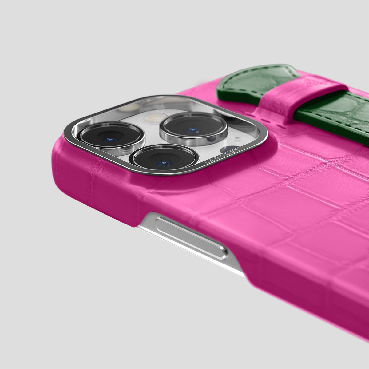 Fuchsia-Green iPhone 13 Pro Max Strap Case Alligator with Steel Metal -5 | Fuchsia-Green-Steel