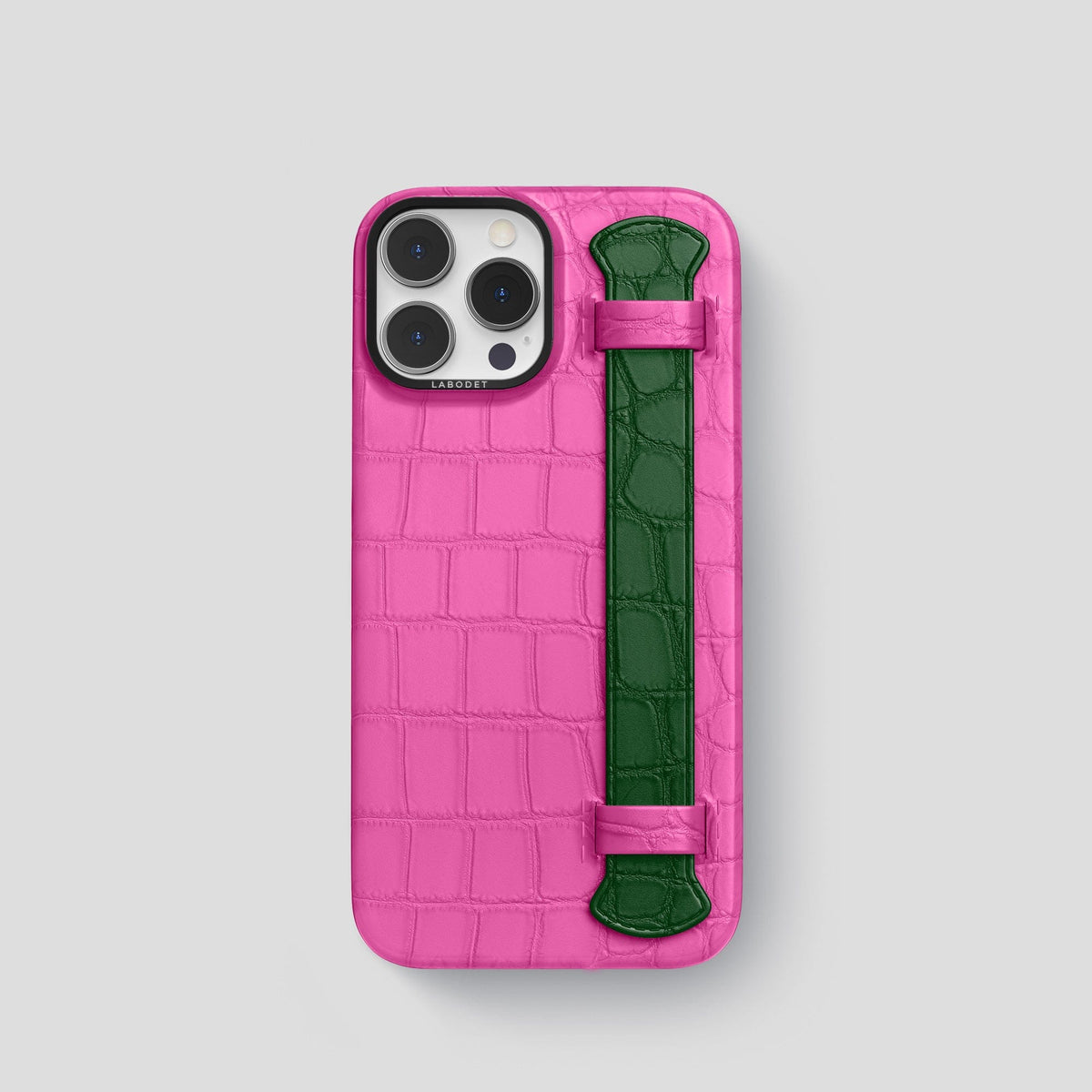 Fuchsia-Green iPhone 13 Pro Strap Case Alligator with Black Metal -1 | Fuchsia-Green-Black