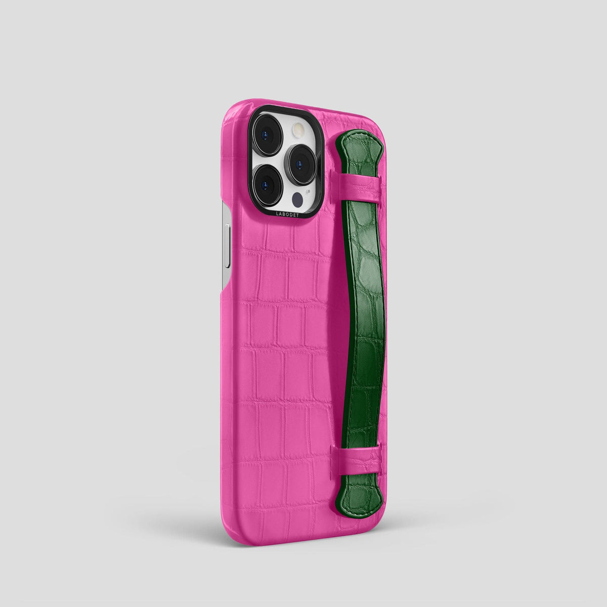 Fuchsia-Green iPhone 13 Pro Strap Case Alligator with Black Metal -2 | Fuchsia-Green-Black