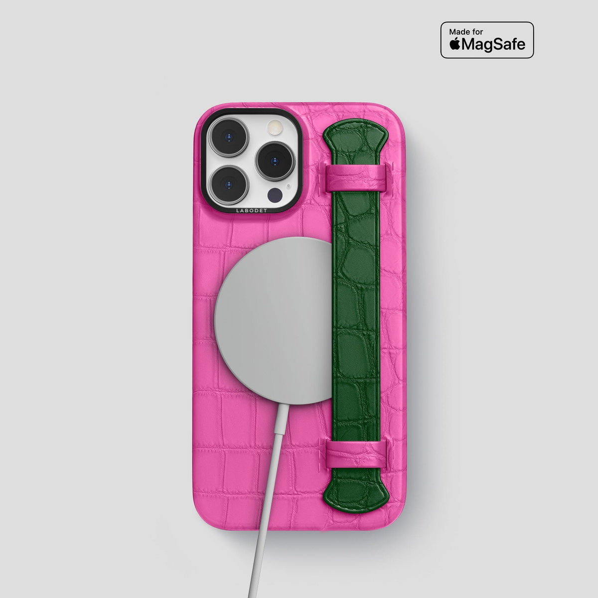 Fuchsia-Green iPhone 13 Pro Strap Case Alligator with Black Metal -4 | Fuchsia-Green-Black