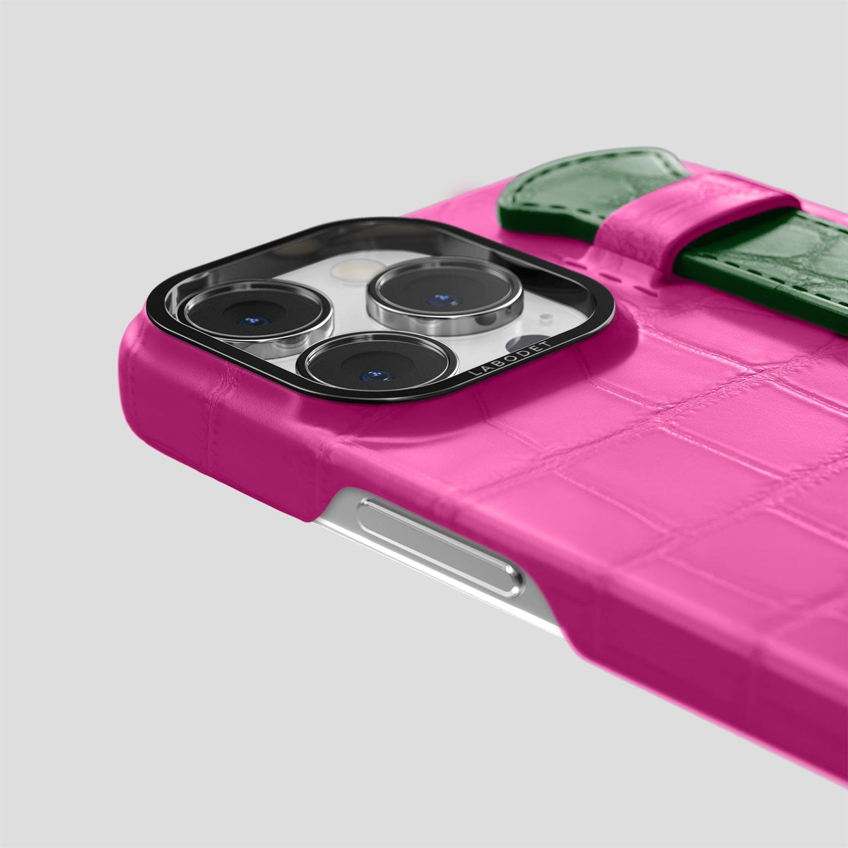 Fuchsia-Green iPhone 13 Pro Strap Case Alligator with Black Metal -5 | Fuchsia-Green-Black