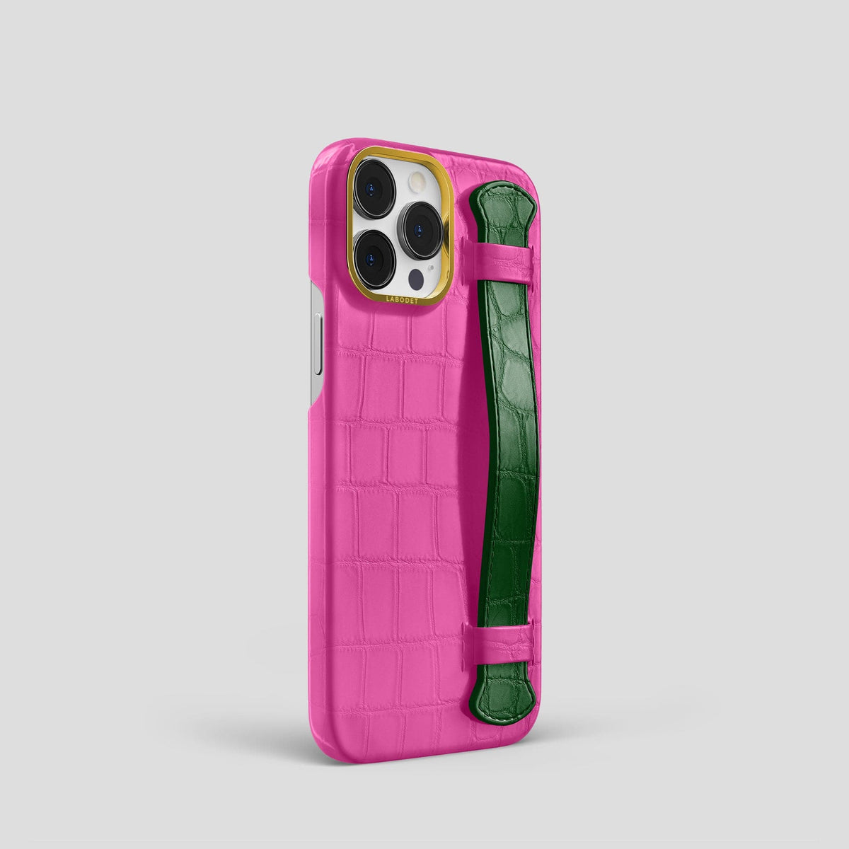 Fuchsia-Green iPhone 13 Pro Strap Case Alligator with Gold Metal -2 | Fuchsia-Green-Gold