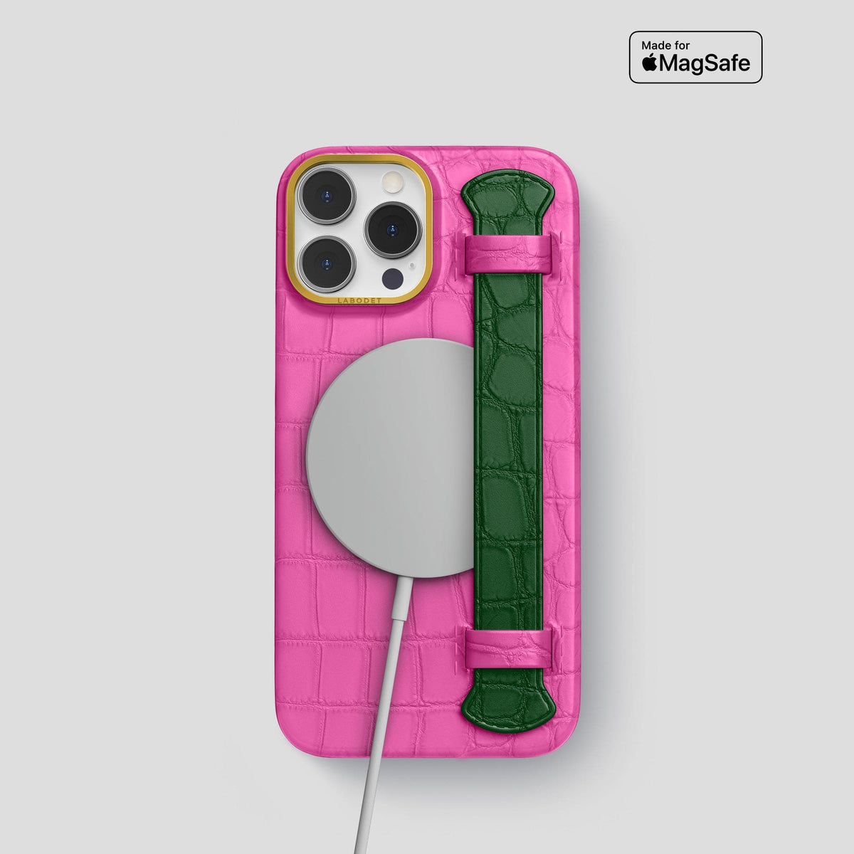 Fuchsia-Green iPhone 13 Pro Strap Case Alligator with Gold Metal -4 | Fuchsia-Green-Gold
