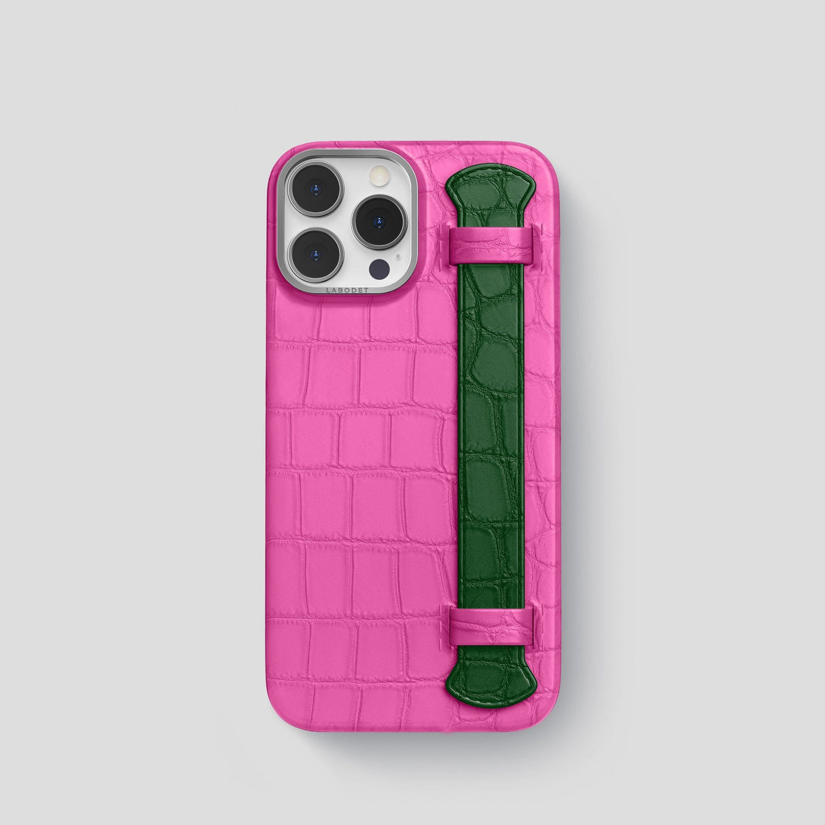 Fuchsia-Green iPhone 13 Pro Strap Case Alligator with Steel Metal -1 | Fuchsia-Green-Steel