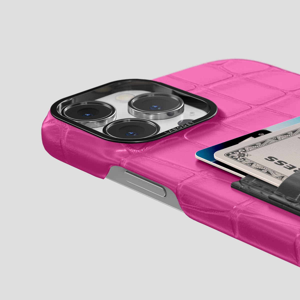 Fuchsia-Grey iPhone 13 Pro Card Case Alligator with Black Metal -5 | Fuchsia-Grey-Black